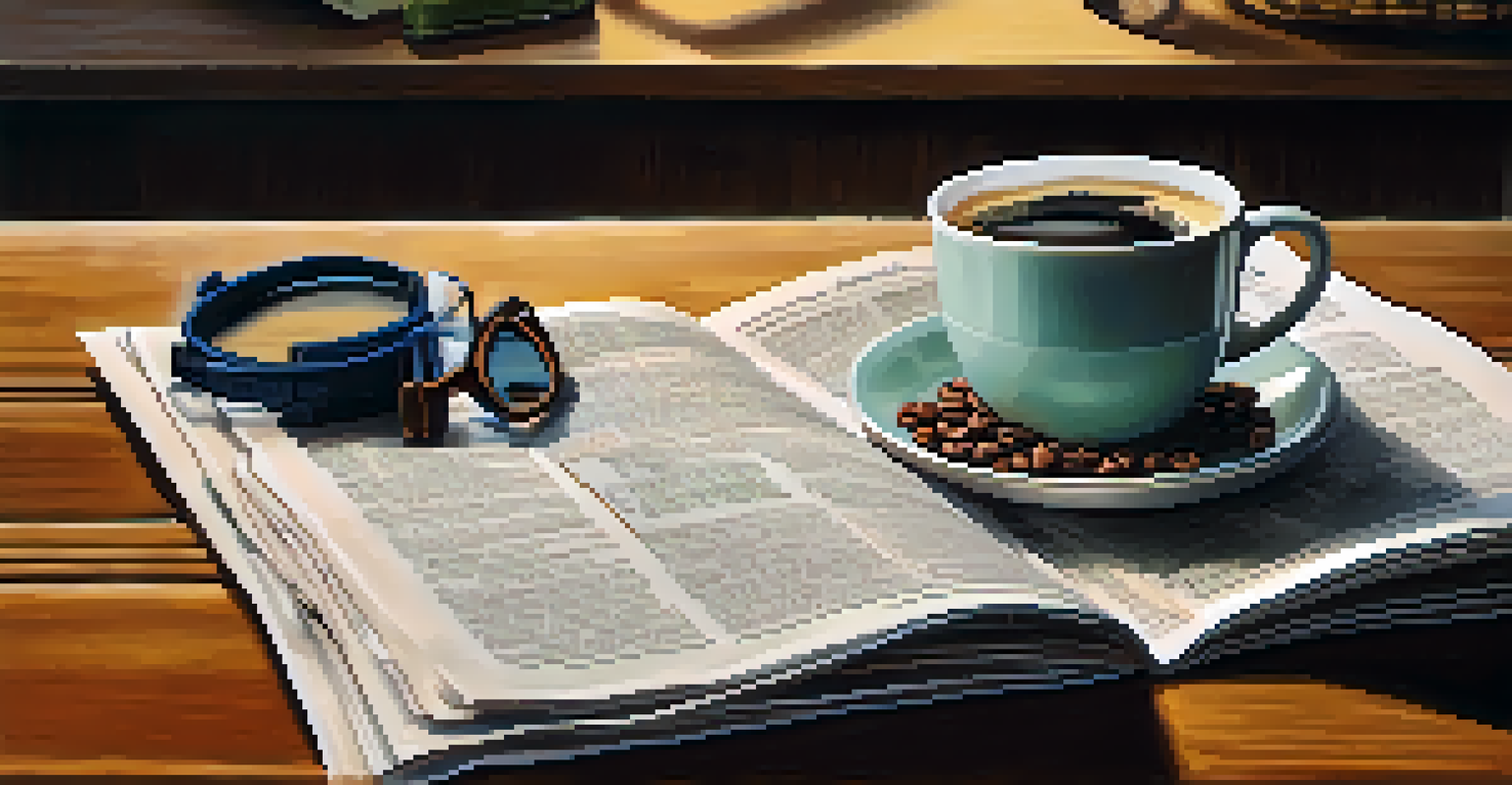 An open newspaper with highlighted articles on a table next to a cup of coffee and reading glasses, suggesting a relaxed reading moment.