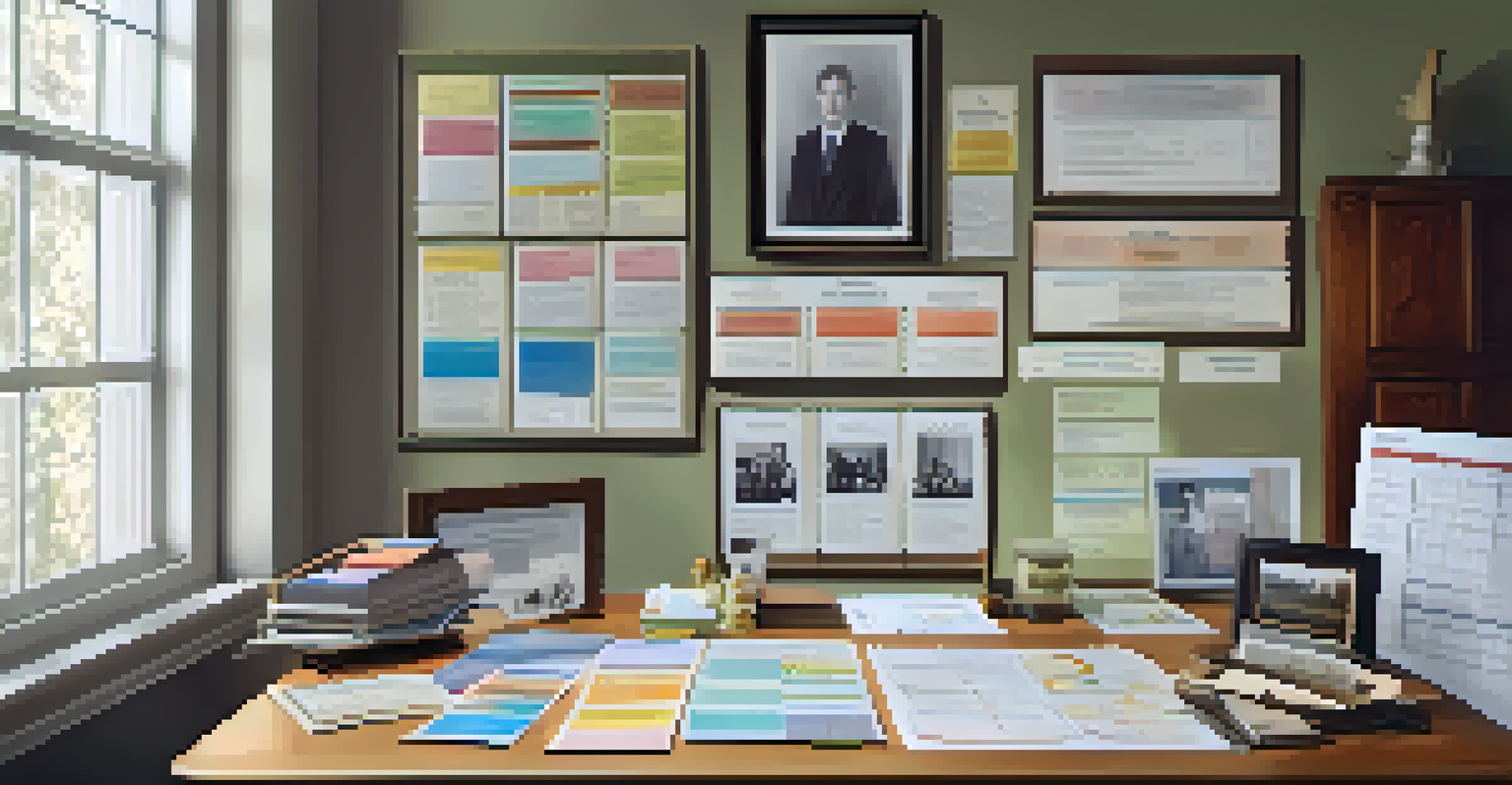 A colorful family health history chart on a wooden table, surrounded by family photographs and medical documents, with soft natural lighting.