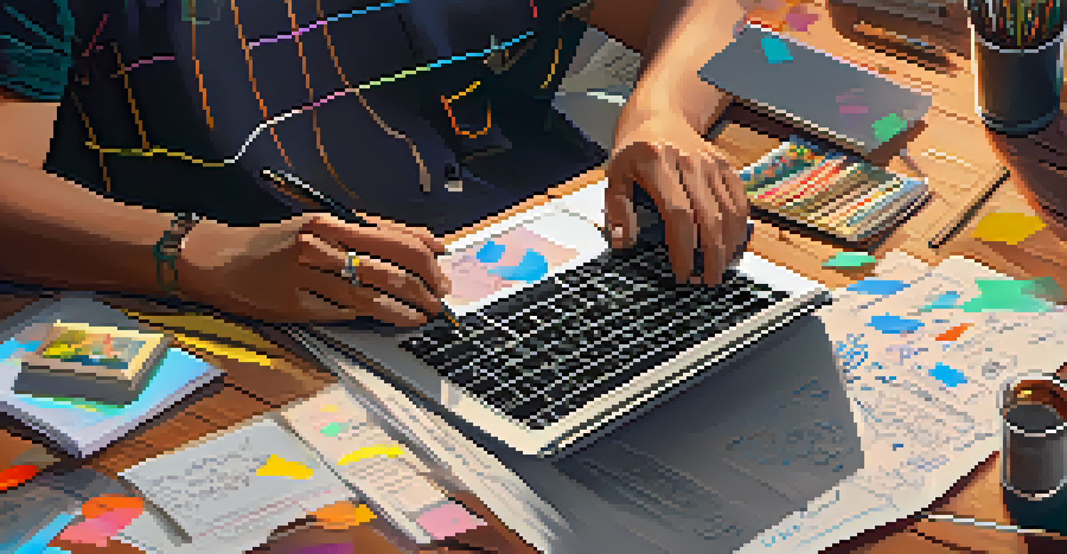 Close-up of hands typing on a laptop with sketches and colorful notes around, highlighting the creative process in digital storytelling.