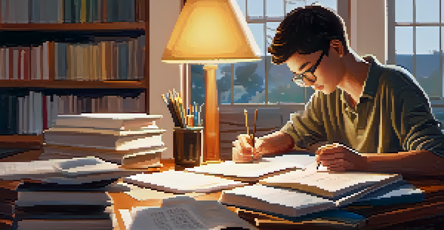 A student in a cozy study environment, surrounded by books and notes, reflecting on self-paced learning.