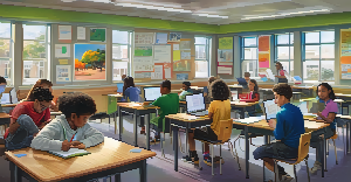 A lively classroom where students are actively participating in various blended assessment activities, including working on laptops and presenting projects.