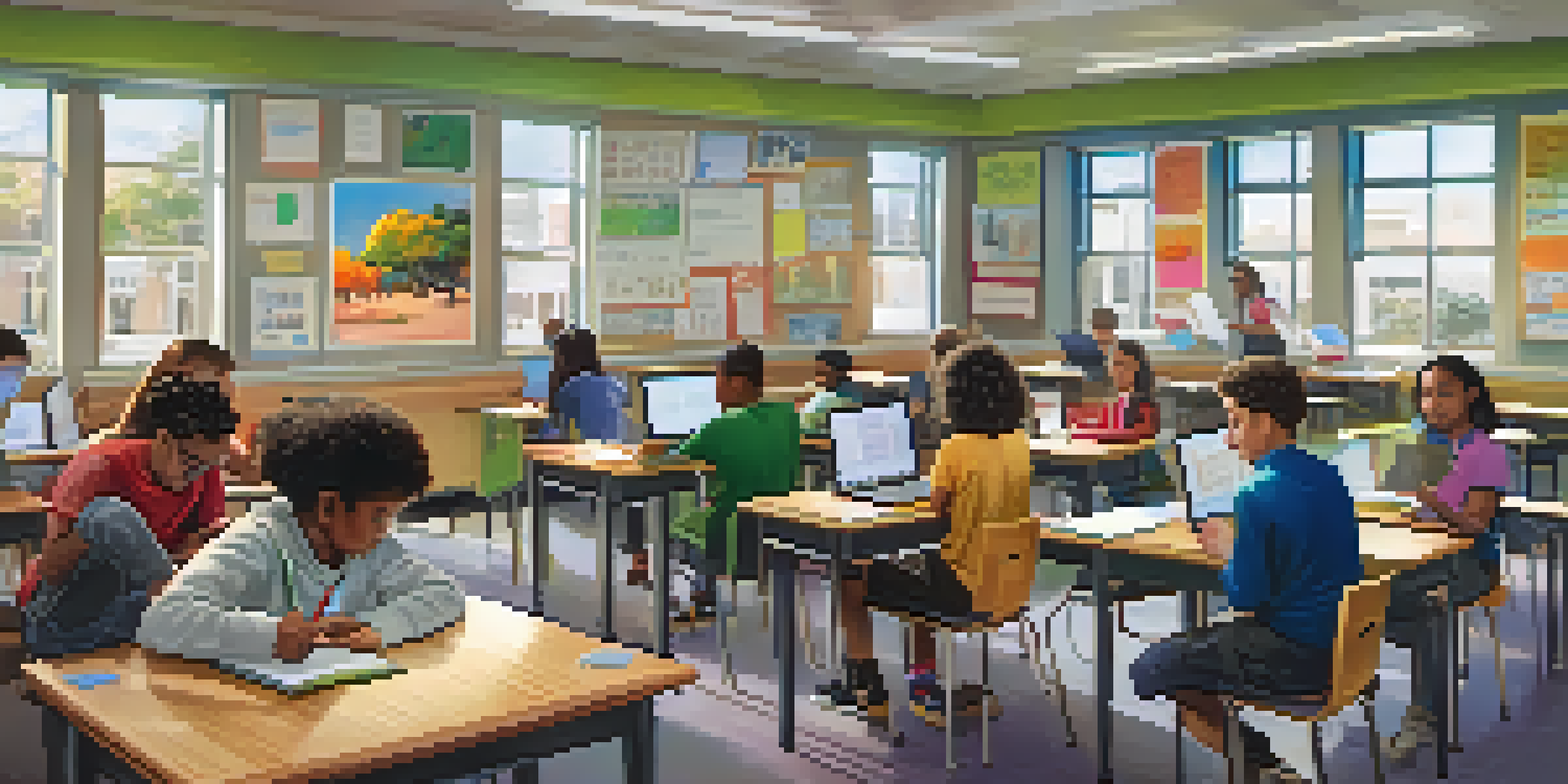 A lively classroom where students are actively participating in various blended assessment activities, including working on laptops and presenting projects.