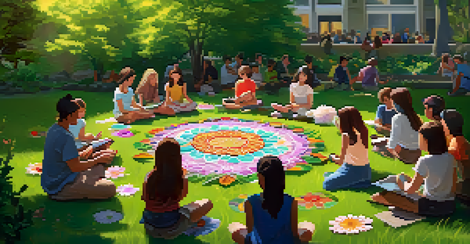 Students sitting in a park creating mandalas from natural materials like leaves and flowers, surrounded by greenery and sunlight.
