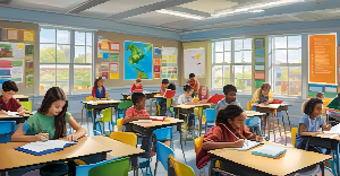 A classroom filled with students collaborating on projects, surrounded by educational materials and bright natural light.