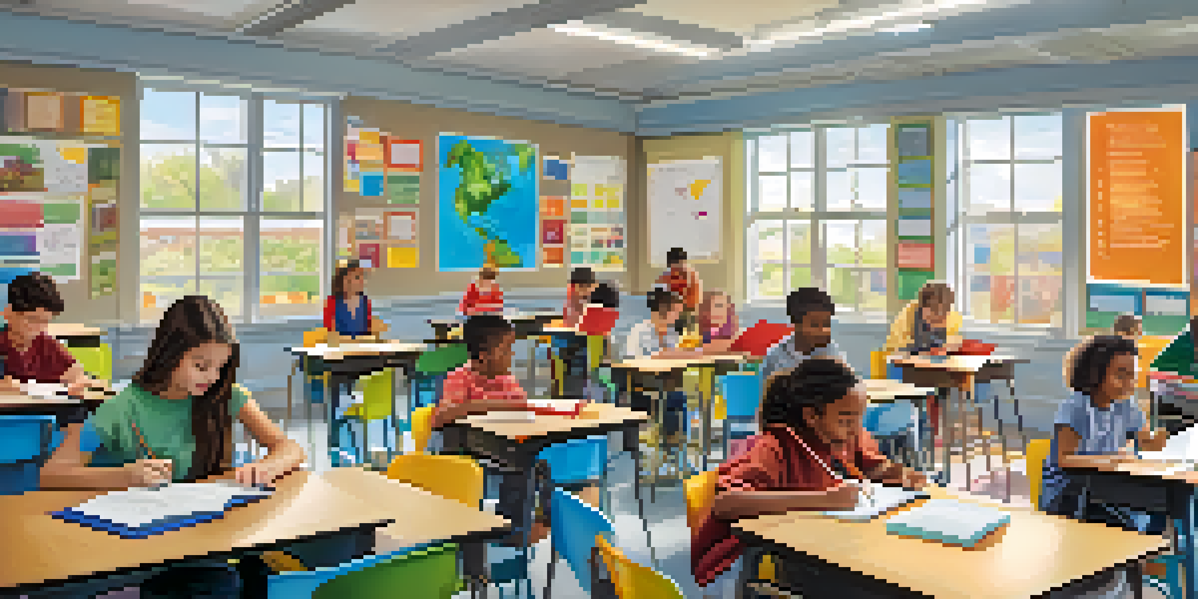 A classroom filled with students collaborating on projects, surrounded by educational materials and bright natural light.