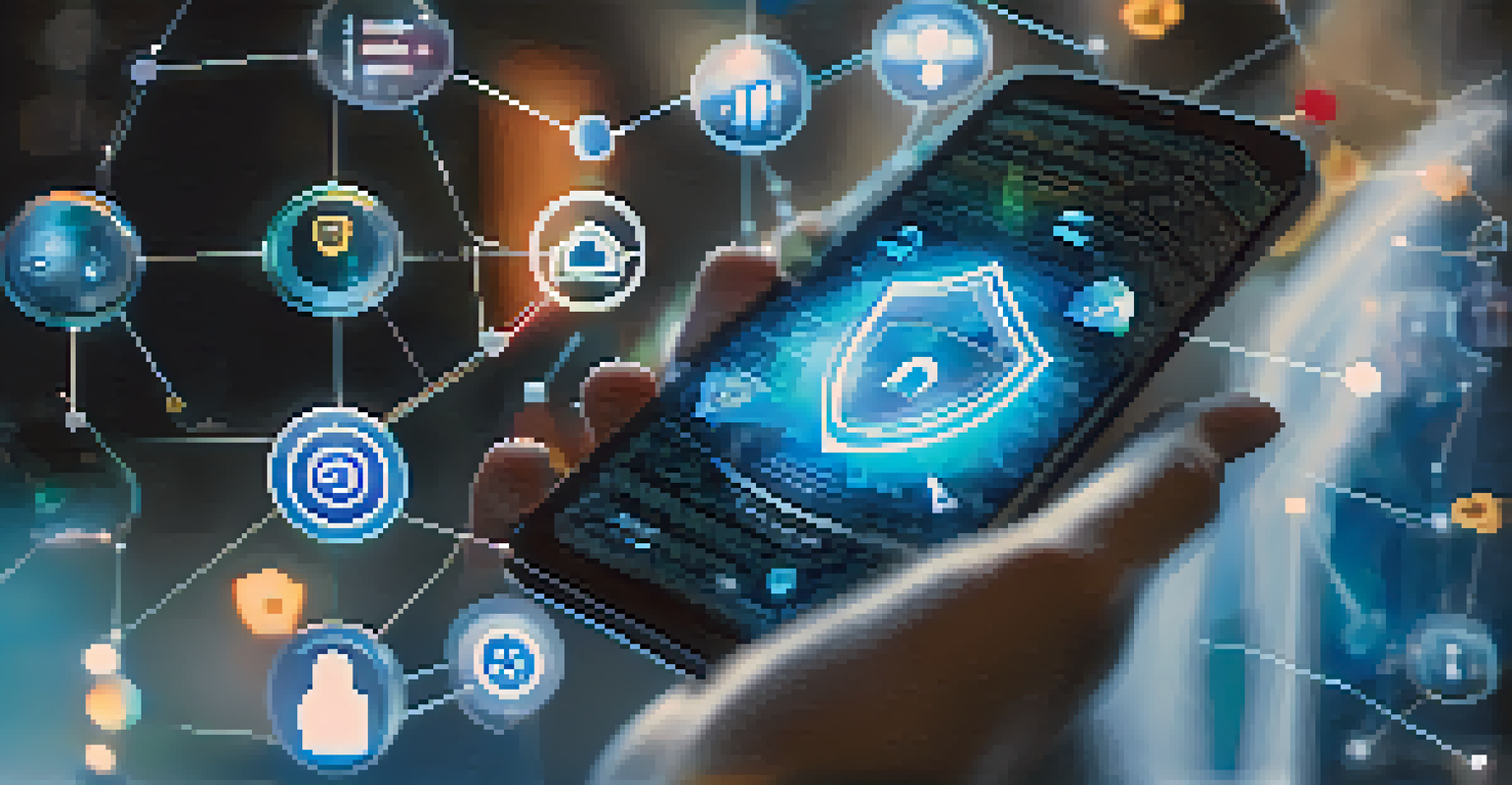 A close-up of a person holding a smartphone displaying holographic data privacy icons, with a blurred background.