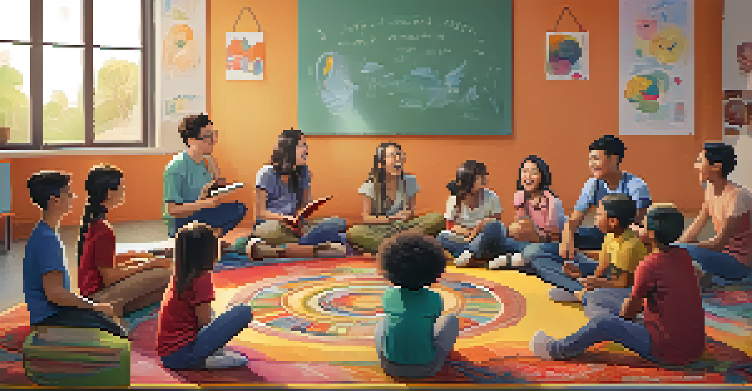 Students gathered on a rug, laughing and listening to a teacher telling a funny story with props, surrounded by playful illustrations.