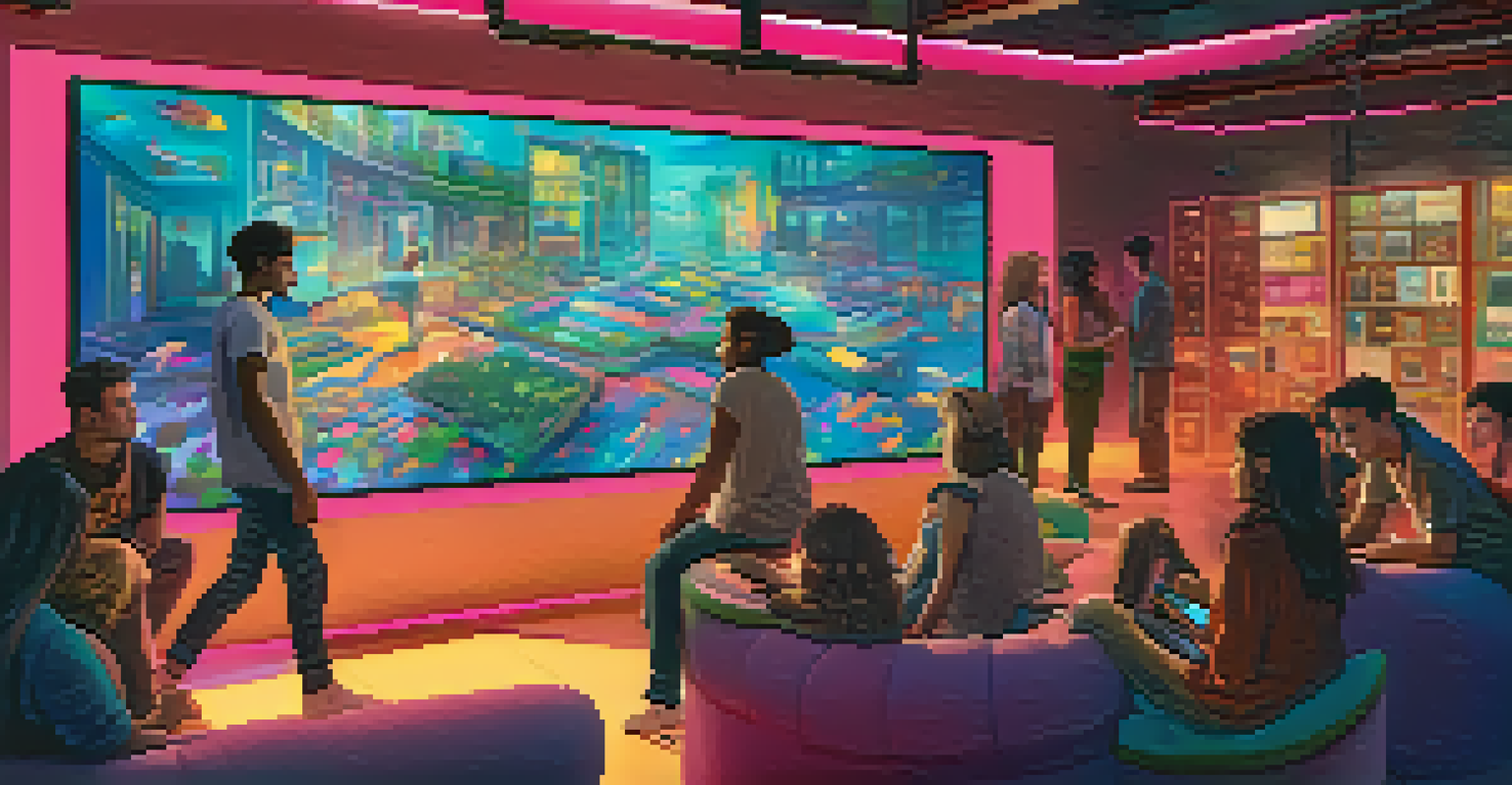 A group of young adults interacting with a large digital screen that displays an interactive story, surrounded by colorful visuals in a softly lit room.