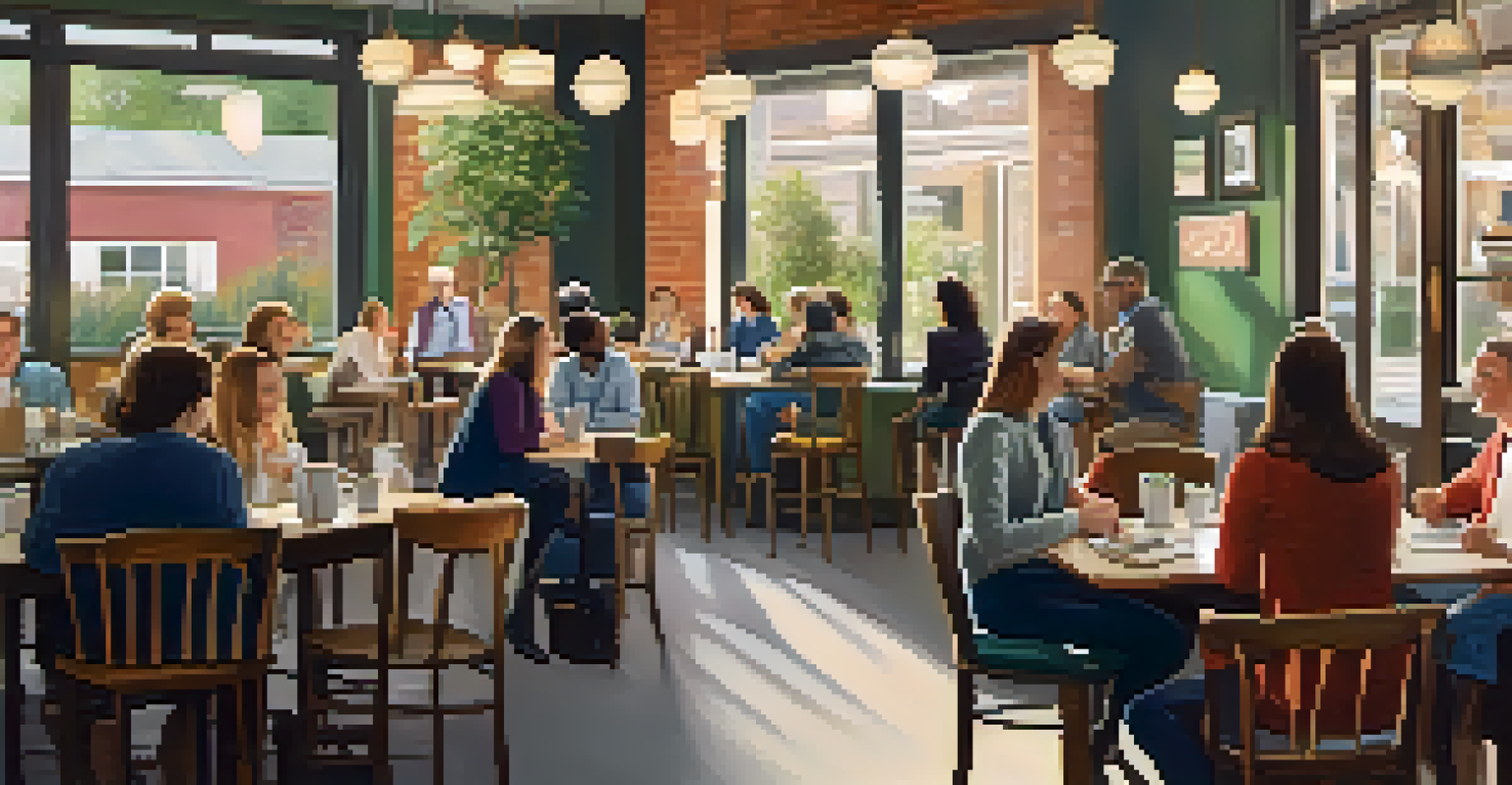 Teachers seated in a cozy coffee shop discussing ideas over coffee with laptops and notebooks on the table.