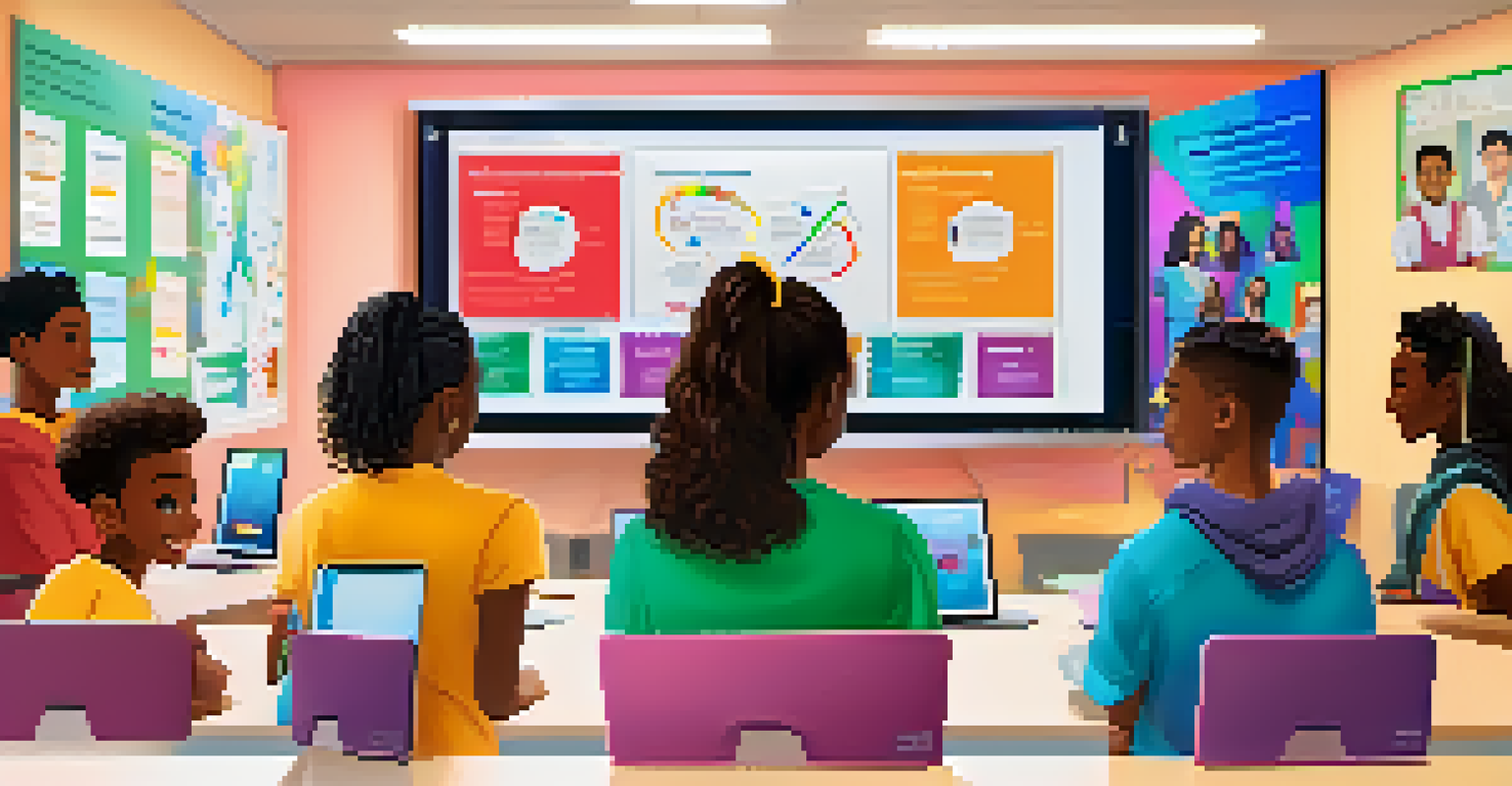 A diverse group of students participating in a virtual classroom, each on their own screen, in a colorful digital environment filled with educational materials.