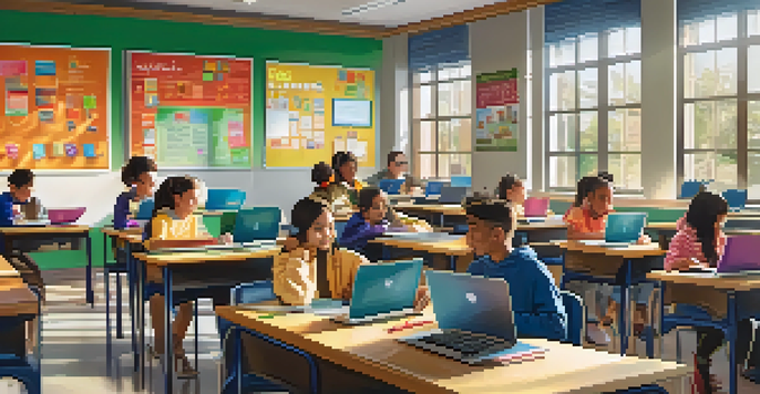 A diverse group of students studying in a bright classroom using laptops, with colorful educational posters and natural light streaming in.