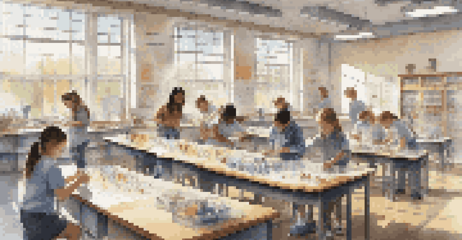 Students engaged in a science experiment in a well-lit classroom, working together with various tools and materials.