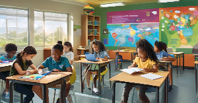 A diverse classroom with students of different backgrounds and abilities engaging in collaborative learning activities with technology like tablets and laptops.