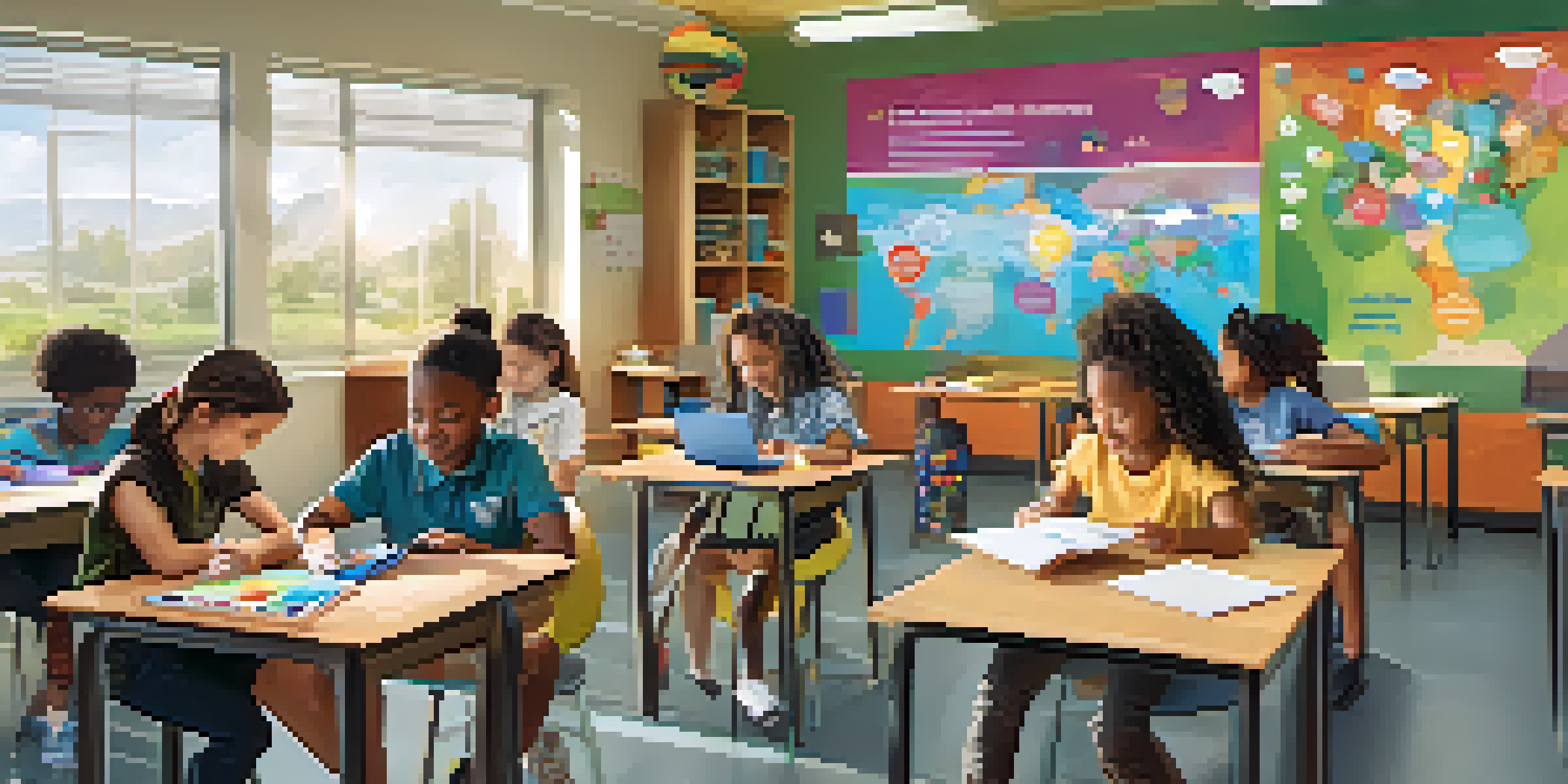 A diverse classroom with students of different backgrounds and abilities engaging in collaborative learning activities with technology like tablets and laptops.