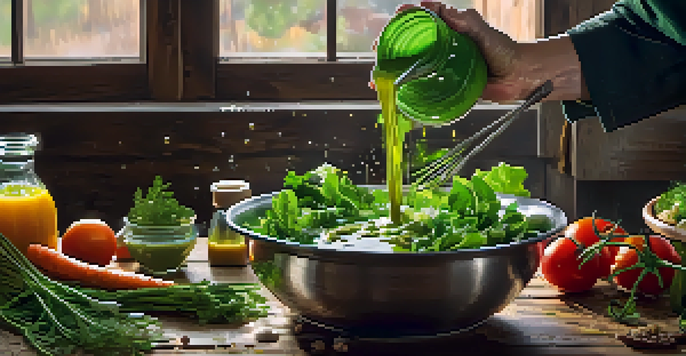 A chef's hands whisking green salad dressing with fresh herbs and colorful vegetables in the background.
