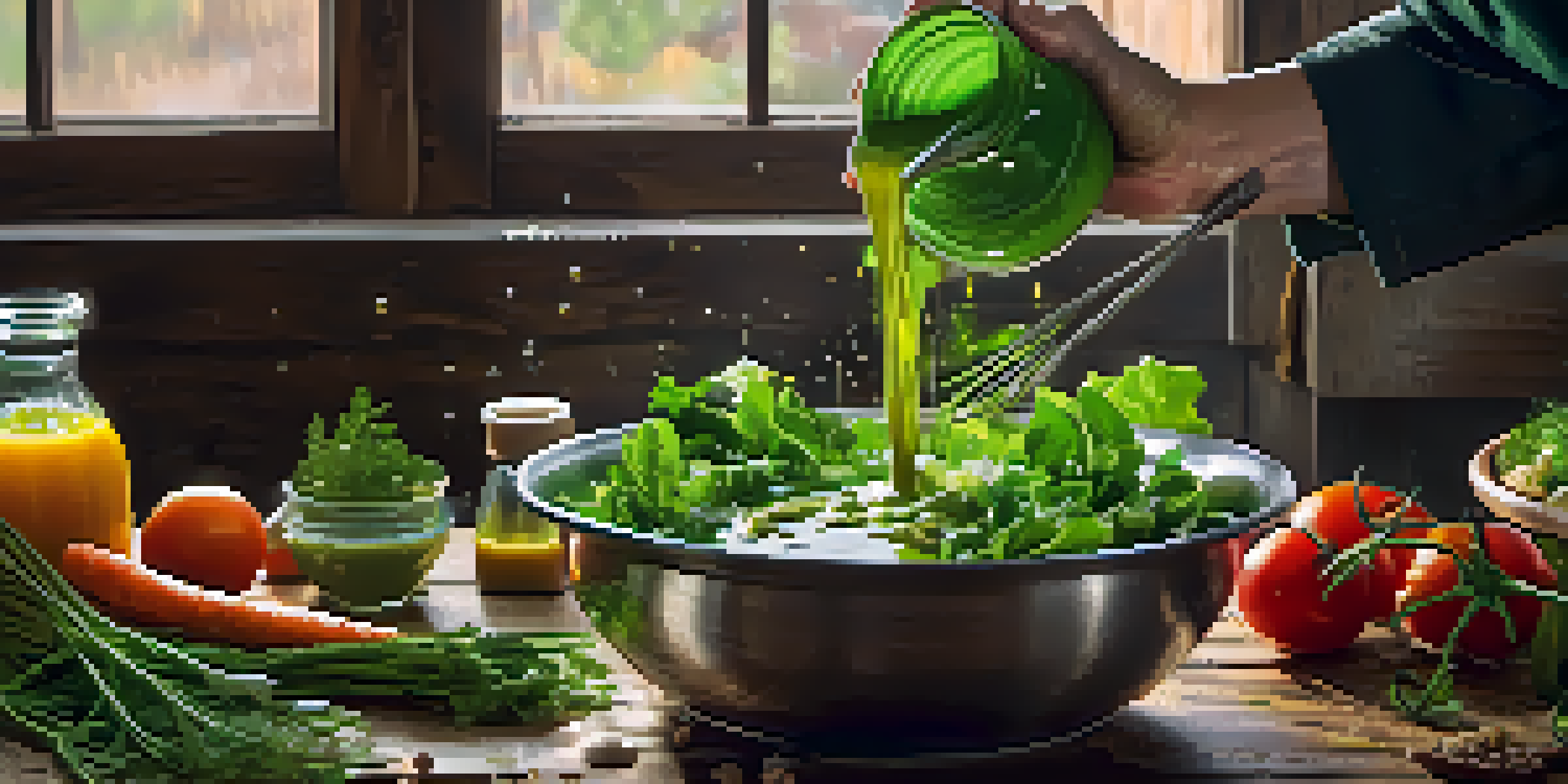 A chef's hands whisking green salad dressing with fresh herbs and colorful vegetables in the background.