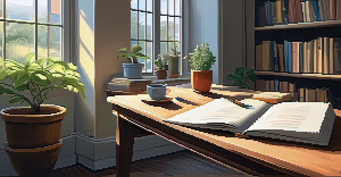 A cozy study room featuring a wooden desk with books and a laptop, sunlight shining through a window, and a potted plant, perfect for self-reflection.
