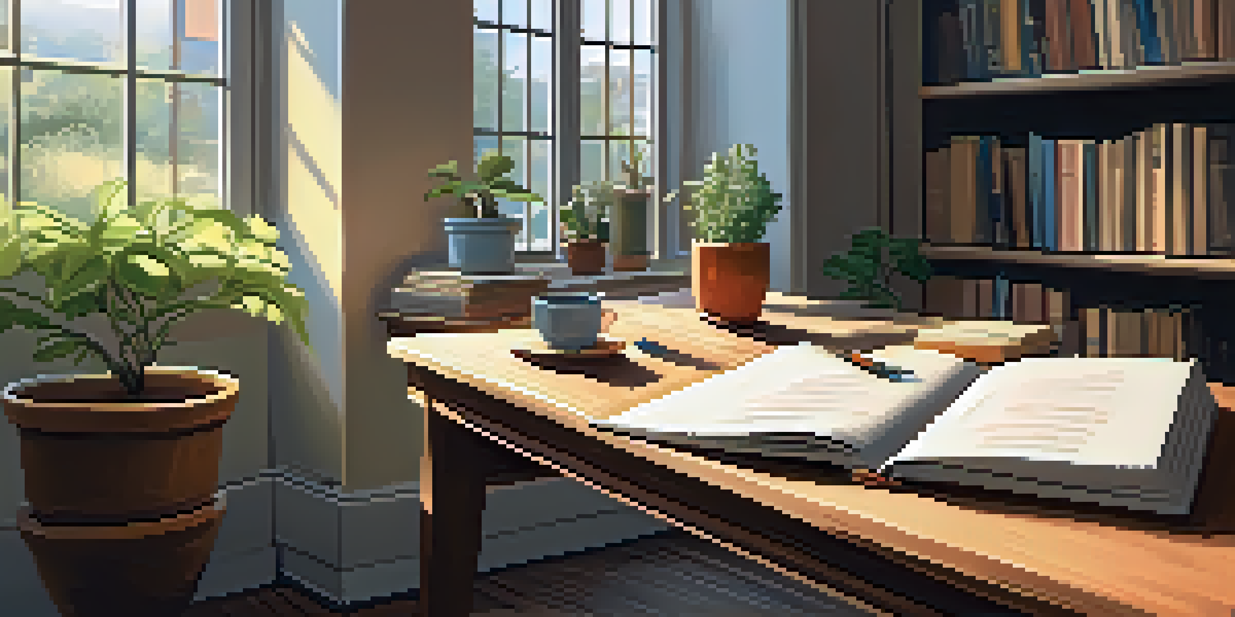 A cozy study room featuring a wooden desk with books and a laptop, sunlight shining through a window, and a potted plant, perfect for self-reflection.
