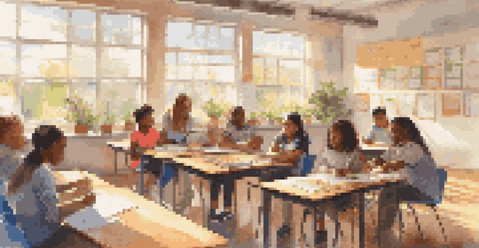 A vibrant classroom with diverse students collaborating on a project, surrounded by educational materials and natural light.