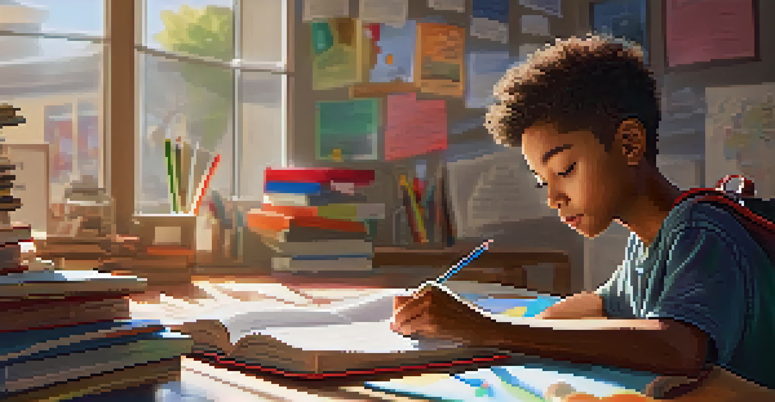 A student writing in a journal at a desk filled with books and stationery, with a motivational poster in the background.