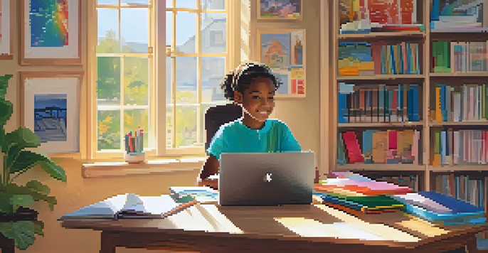 A child studying in a cozy home study area with a laptop, colorful stationery, and sunlight streaming through the window.
