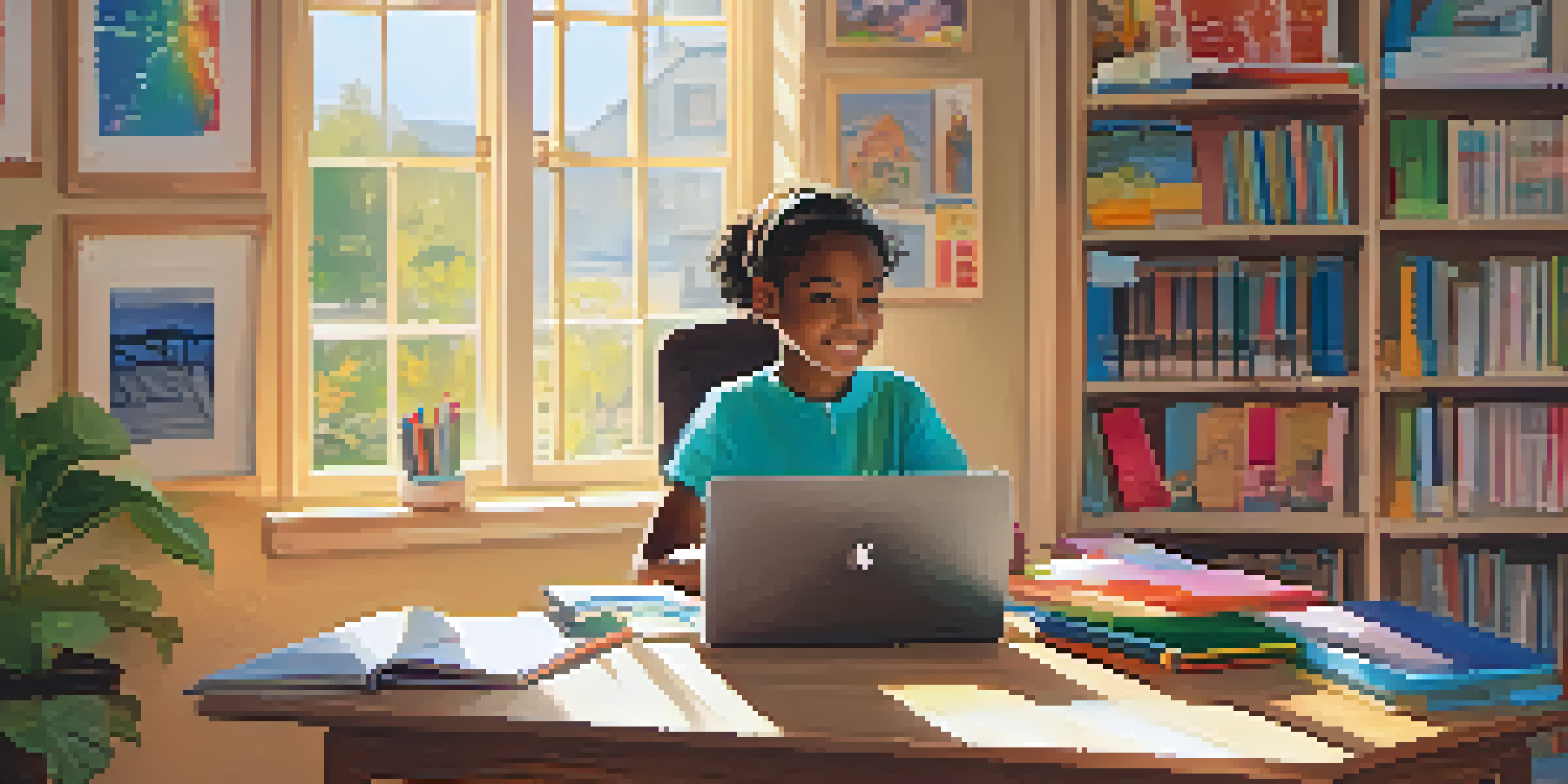 A child studying in a cozy home study area with a laptop, colorful stationery, and sunlight streaming through the window.