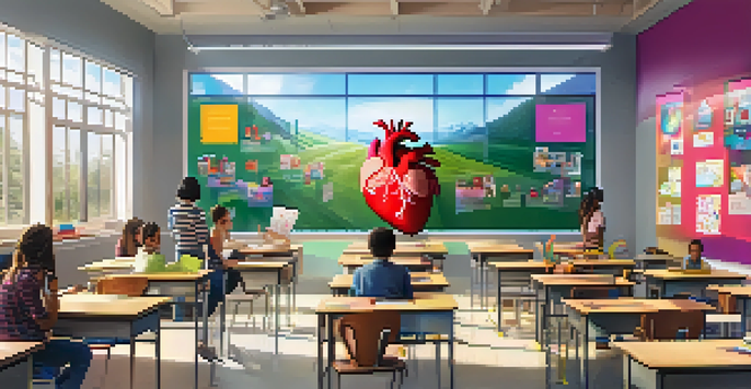 A classroom with students using augmented reality to interact with a 3D model of a human heart, showcasing an engaging learning experience.