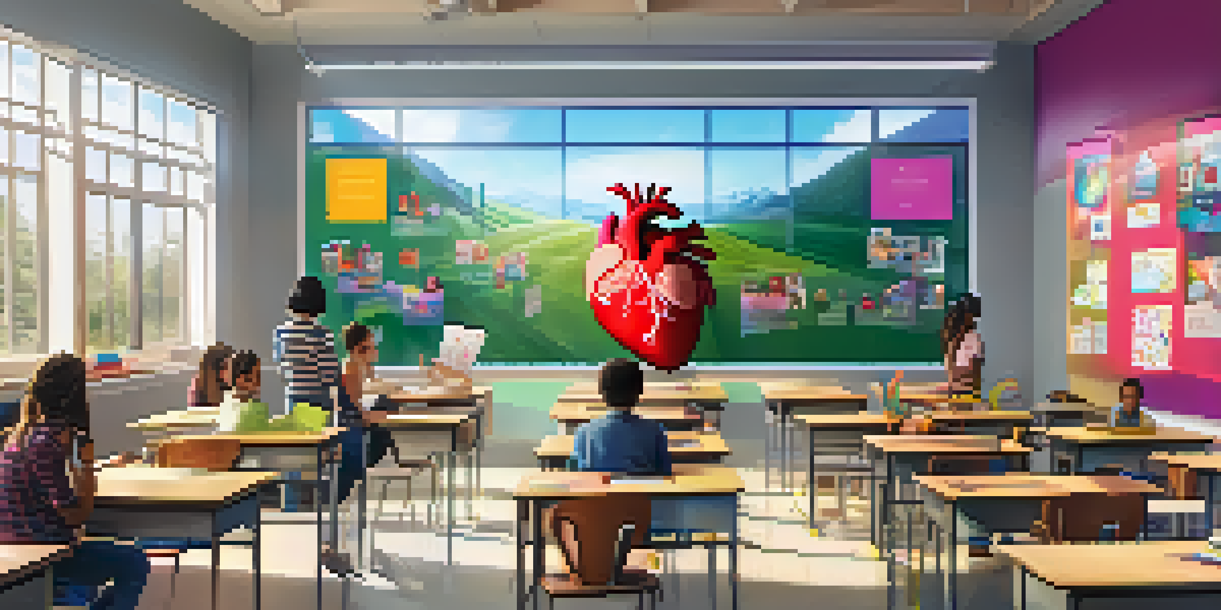 A classroom with students using augmented reality to interact with a 3D model of a human heart, showcasing an engaging learning experience.