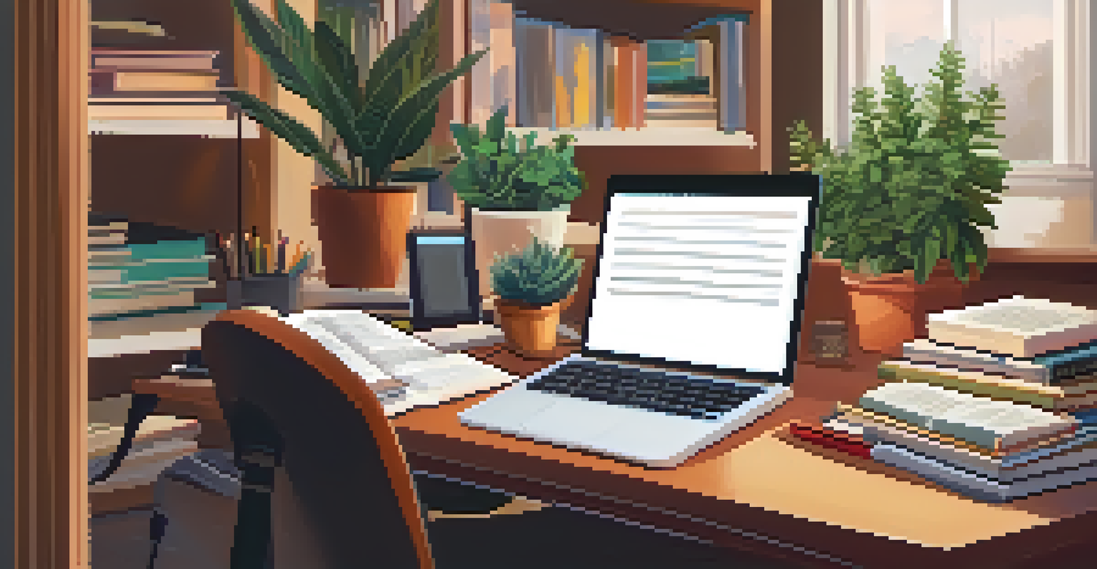 An educator's desk filled with professional development resources, books, and a laptop, with warm lighting creating a cozy atmosphere.