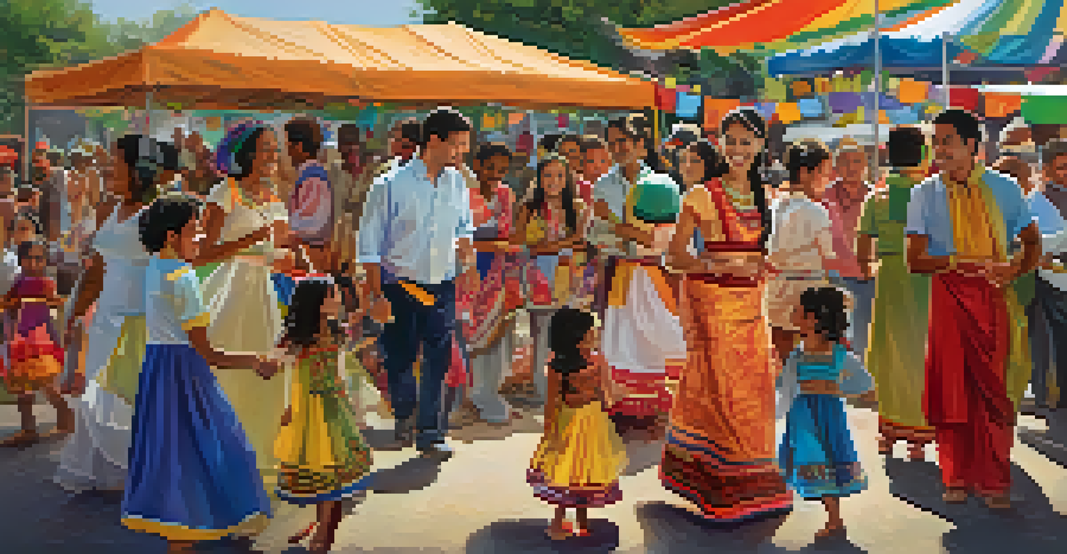 A family enjoying a vibrant multicultural festival with decorations and activities.