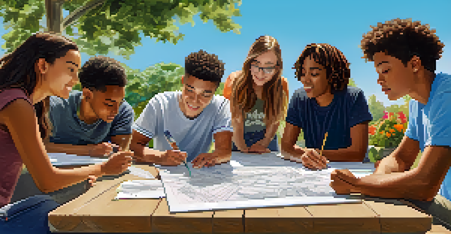 Students from various backgrounds brainstorming ideas for a community garden project outdoors, showcasing teamwork and creativity.