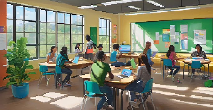 A lively classroom with students using laptops and discussing in groups, filled with natural light and colorful decor.