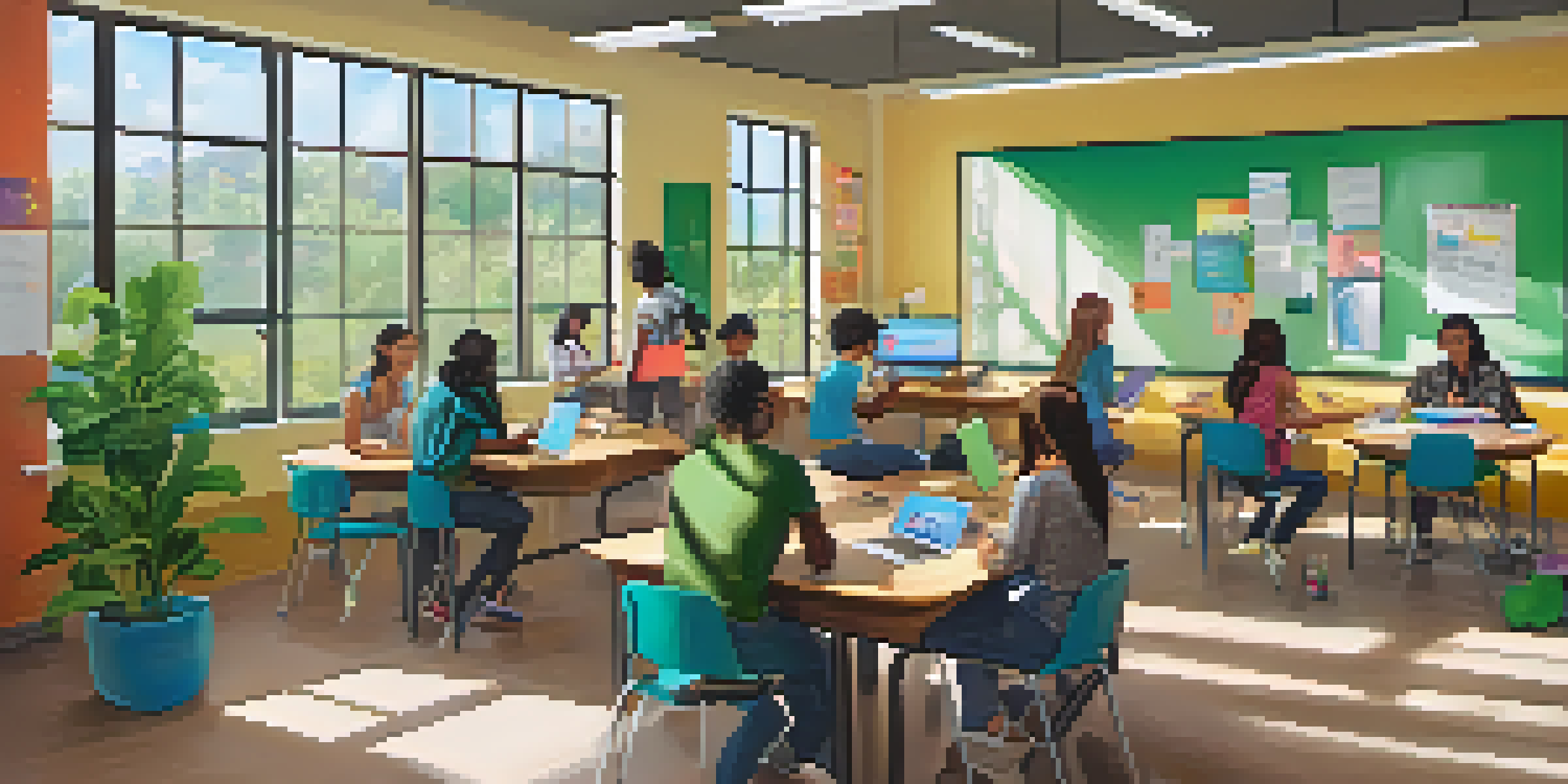 A lively classroom with students using laptops and discussing in groups, filled with natural light and colorful decor.