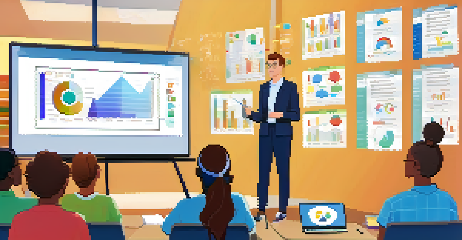 An educator explaining digital assessment tools on a smart board to engaged students in a modern classroom.