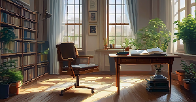A peaceful study room with a wooden desk, open books, a laptop, and a steaming cup of tea, bathed in natural light.