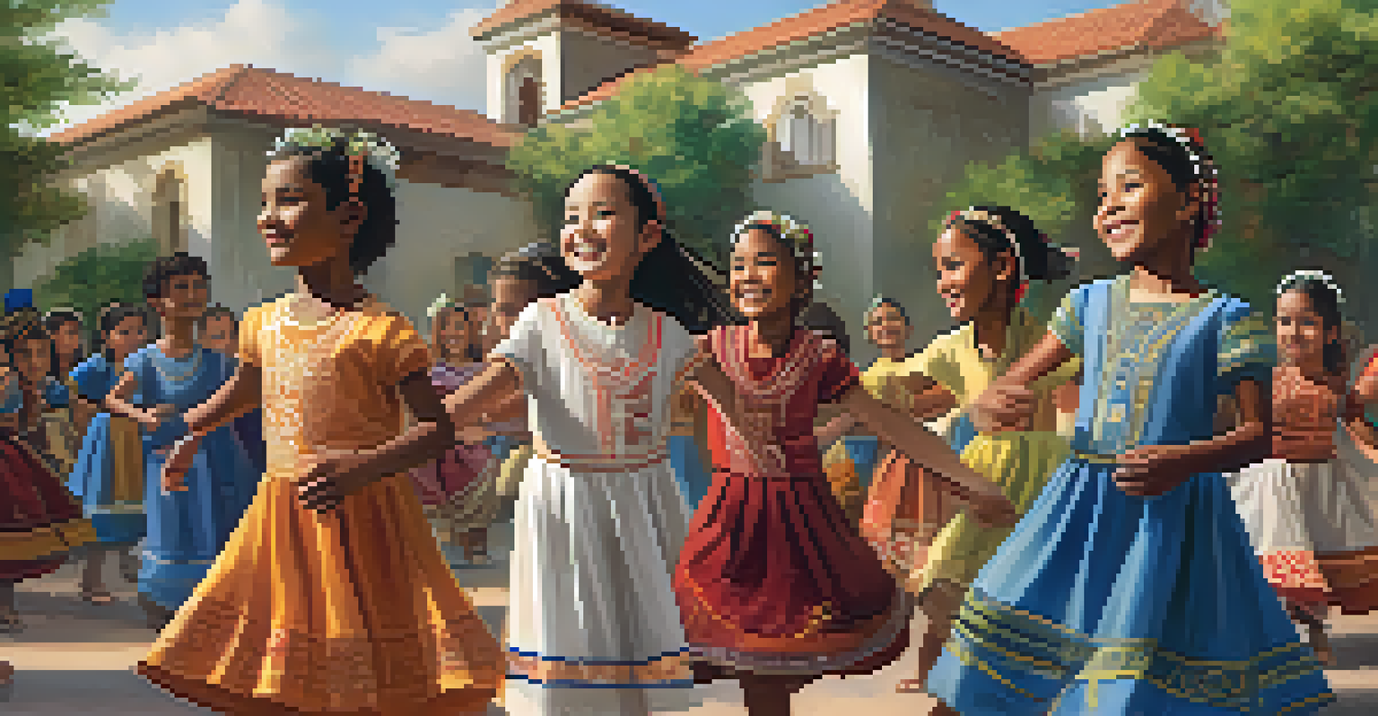 Children in traditional costumes dancing in a circle, showcasing cultural diversity and joy.