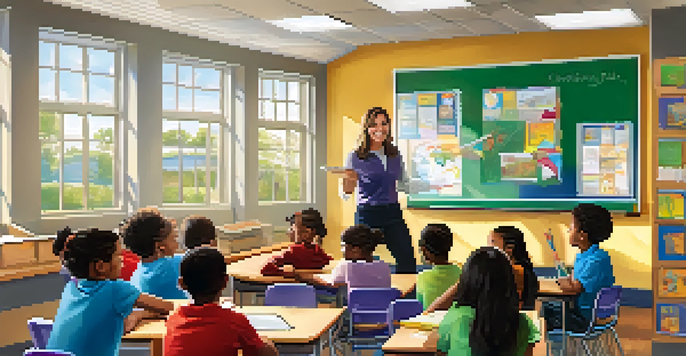 A lively classroom with a teacher and diverse students engaged in learning, featuring colorful posters and a whiteboard agenda.