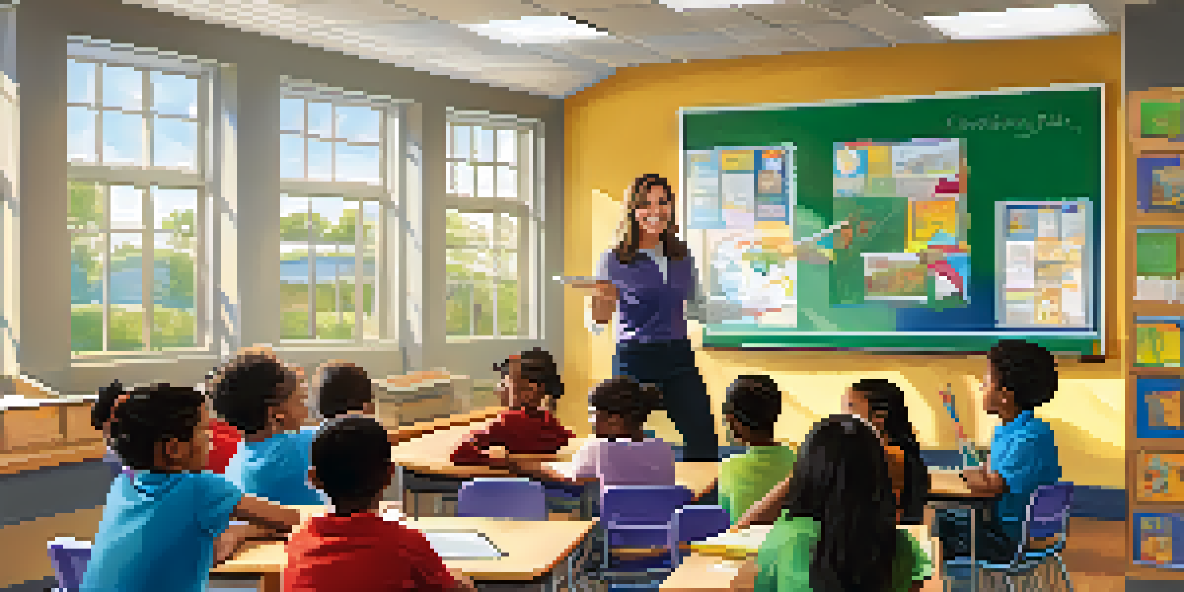 A lively classroom with a teacher and diverse students engaged in learning, featuring colorful posters and a whiteboard agenda.