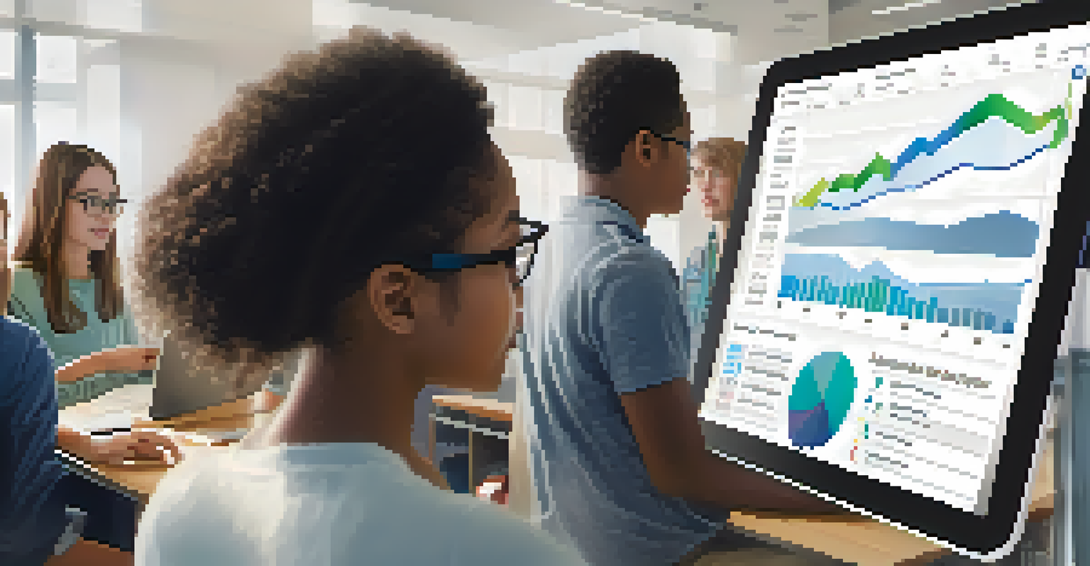 An educator analyzing data analytics charts on a tablet while students work on assessments in the background.