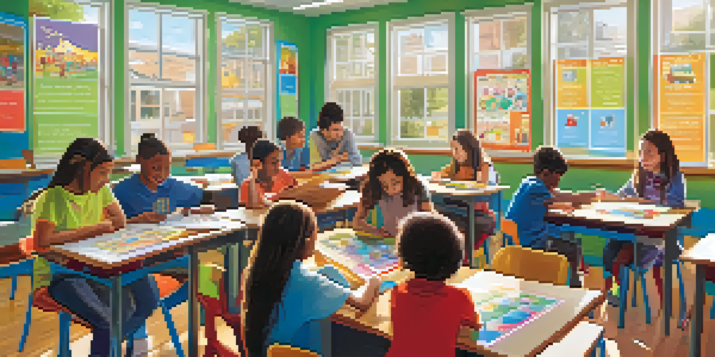 Students of diverse backgrounds collaborating in a colorful classroom while engaging in a language learning game on tablets.