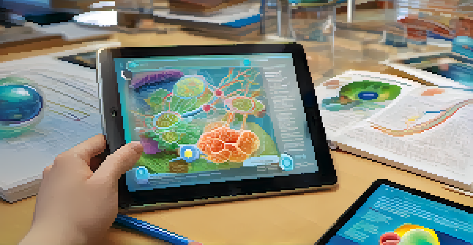 A student exploring the anatomy of a human cell on a tablet using augmented reality, with vibrant 3D graphics displayed on the screen.