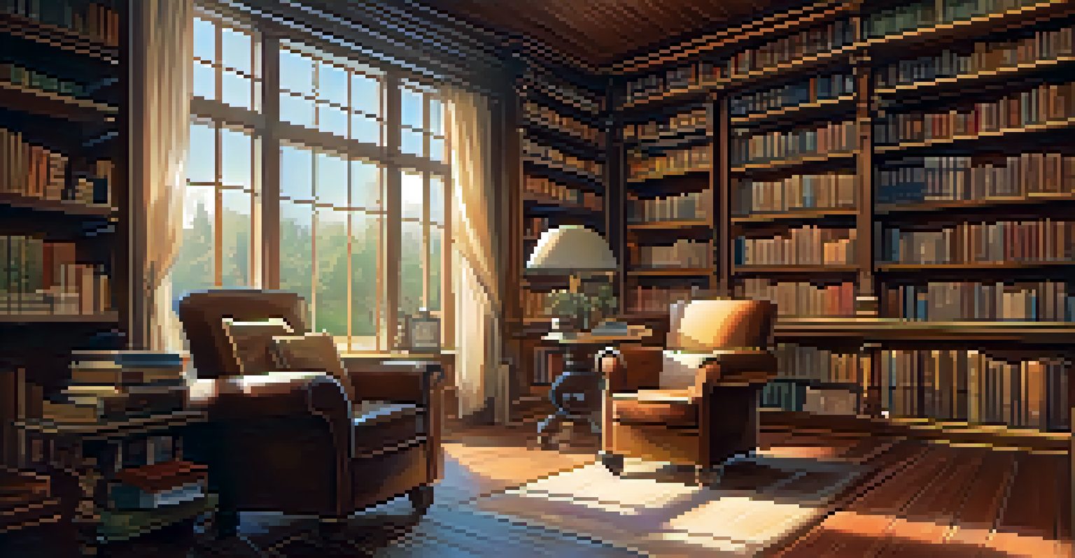 A cozy library with wooden shelves full of books, sunlight streaming through windows, and a comfortable reading nook with an armchair and coffee.
