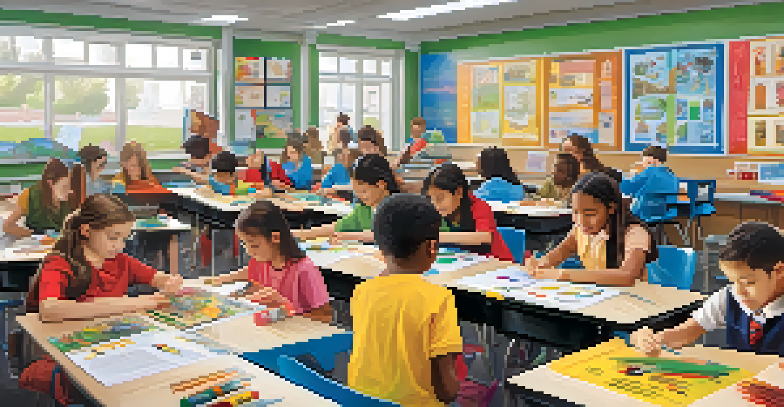 Students collaborating in a colorful classroom filled with educational materials, participating in a hands-on learning activity.
