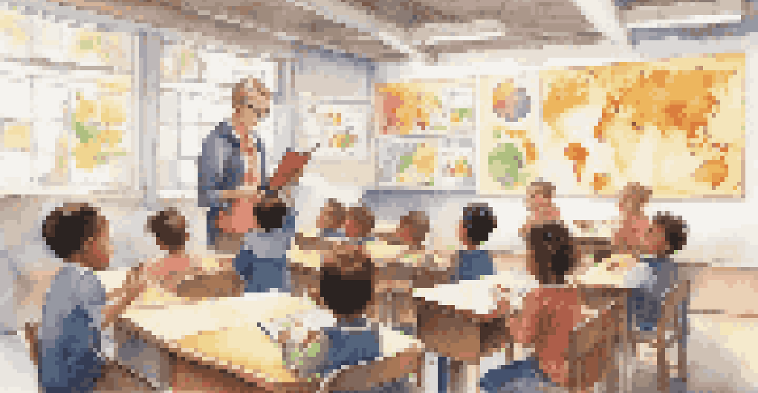 A teacher instructing children on how to use tablets in a bright classroom.