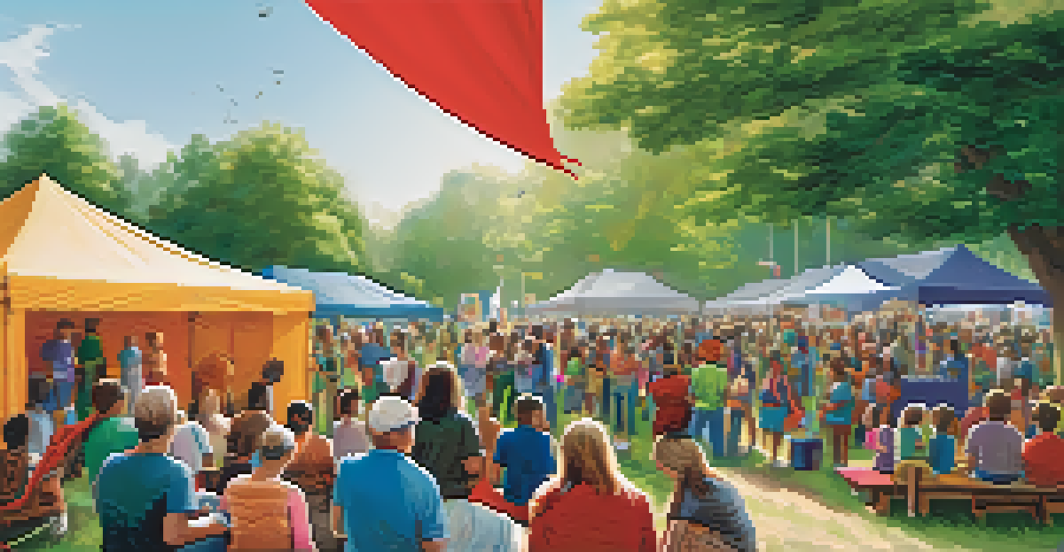 A lively outdoor community event centered on consumer education, featuring a speaker and various informative displays.