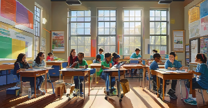 A classroom with students working together on a STEAM project, surrounded by art supplies and technology, bathed in natural light.