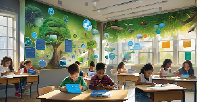 A diverse group of students in a bright classroom, interacting with tablets featuring environmental educational content.