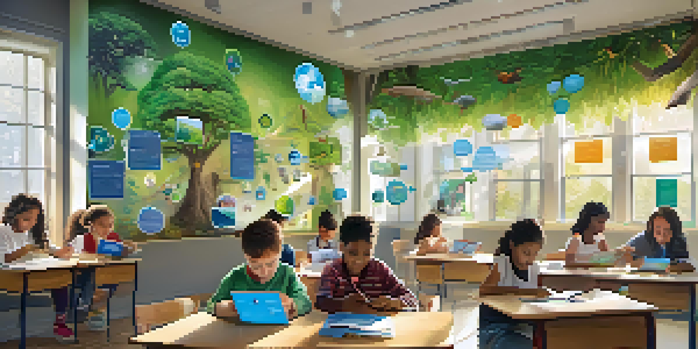 A diverse group of students in a bright classroom, interacting with tablets featuring environmental educational content.