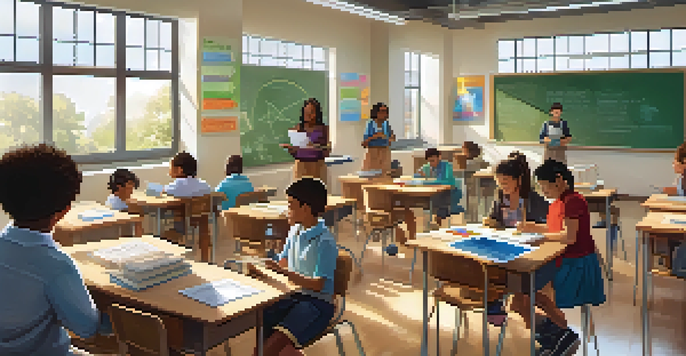 A diverse group of students in a bright classroom using technology for learning, with posters on the walls promoting inclusivity.