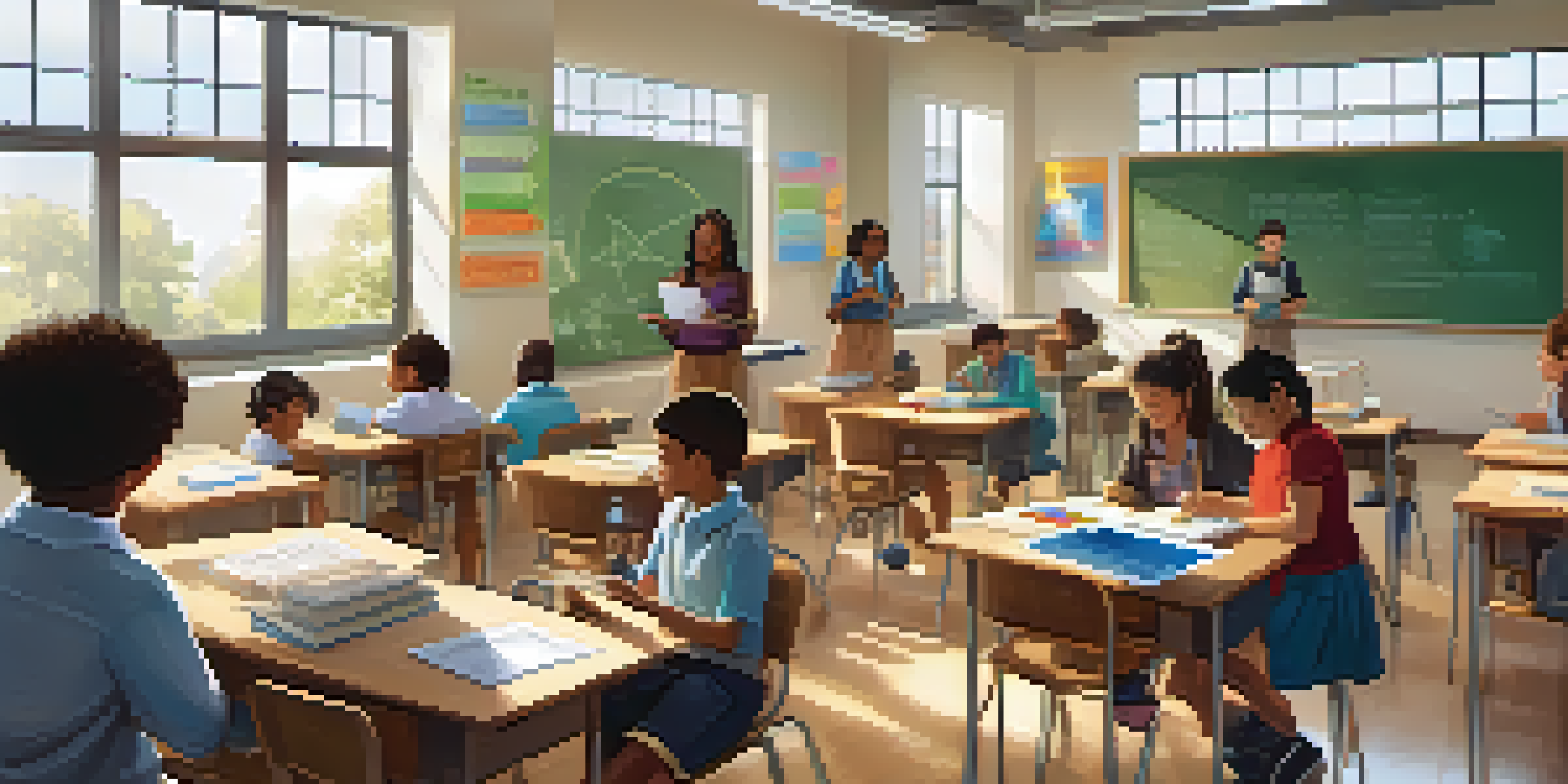 A diverse group of students in a bright classroom using technology for learning, with posters on the walls promoting inclusivity.